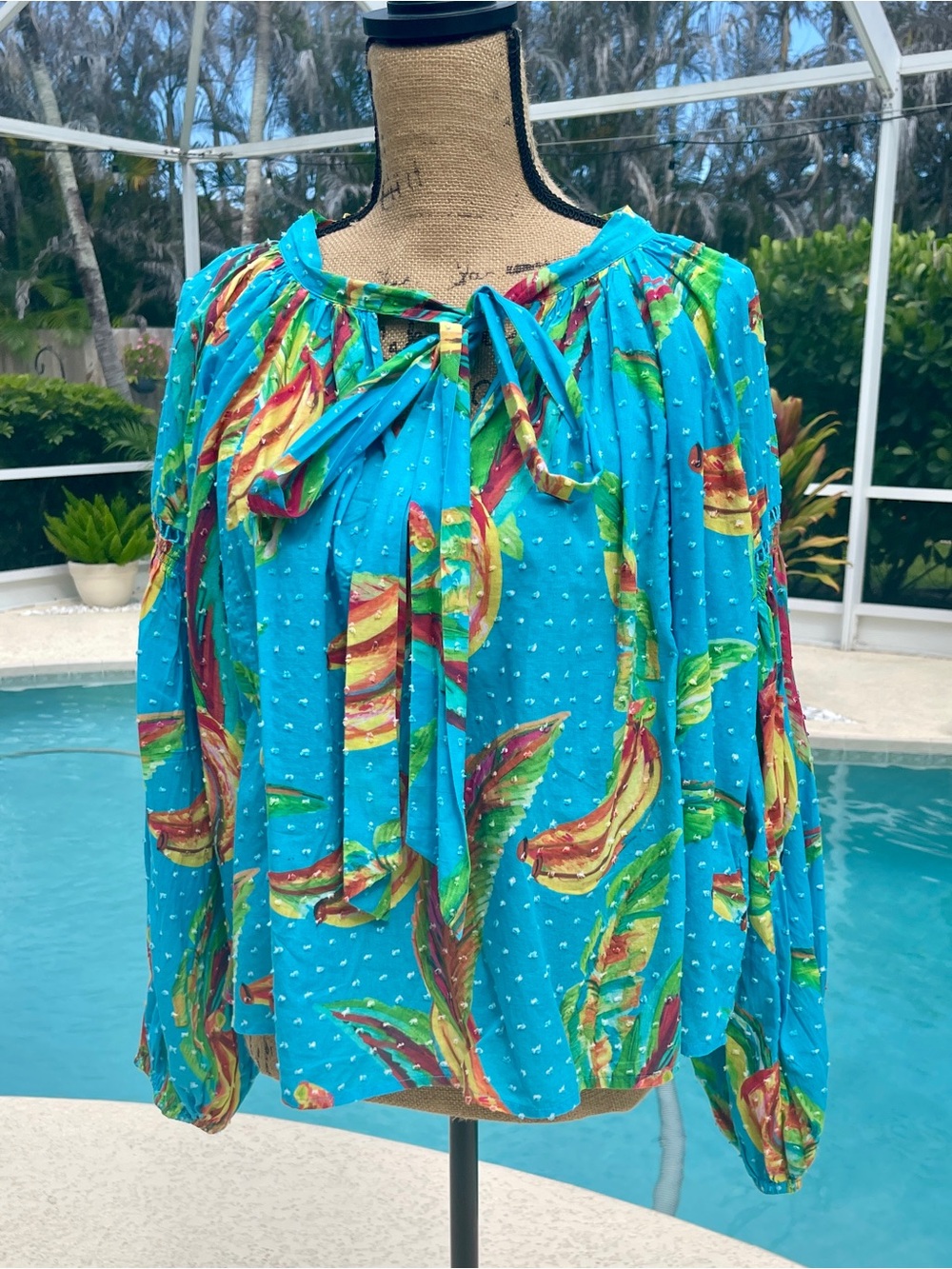FARM Rio Turquoise Tropical Print Tie-Neck Blouse